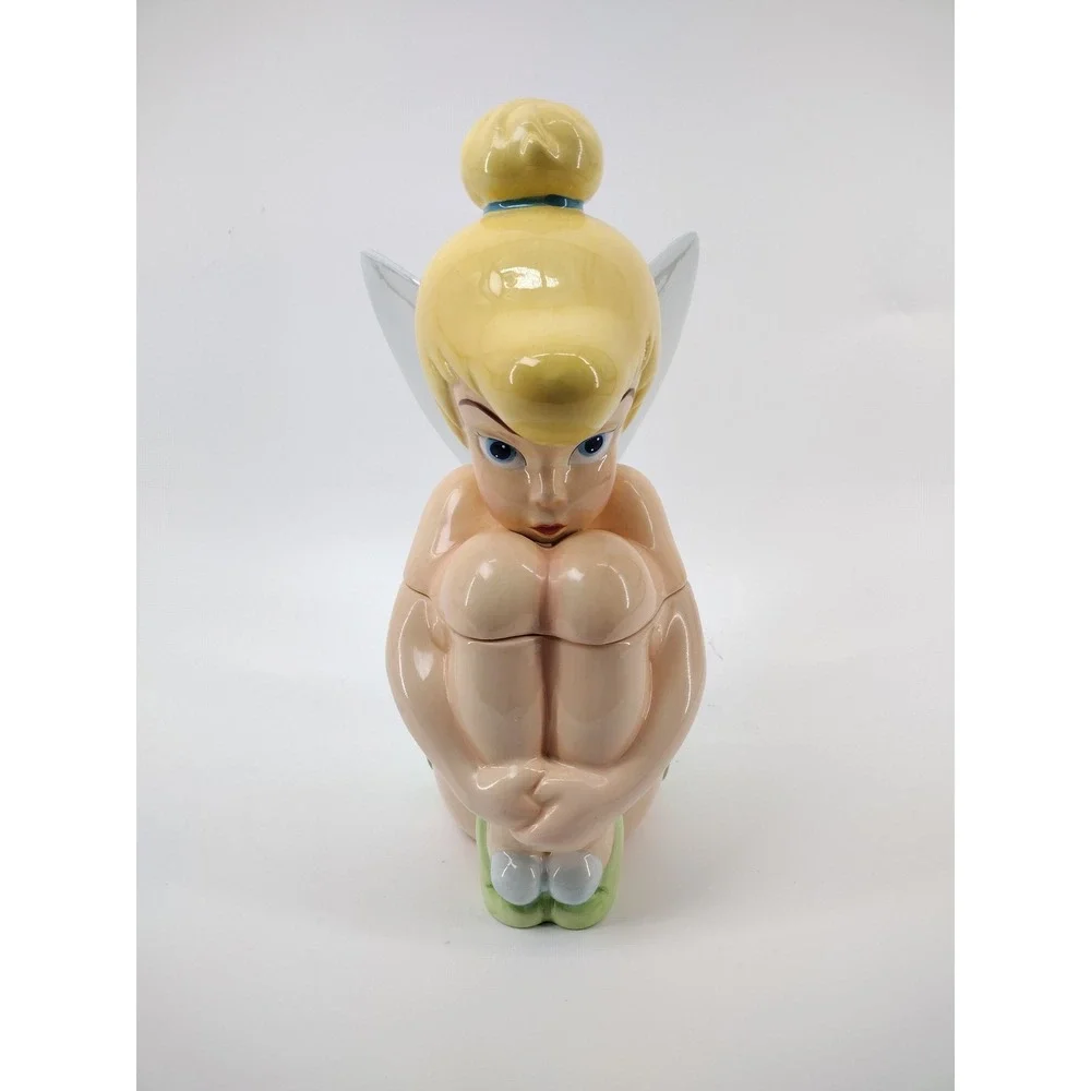 Disney Tinker Bell Ceramic Cookie Jar Sitting Fairy Peter Pan Collectible Green